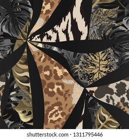 Seamless pattern with black and gold tropical leaves and leopard and zebra fur.