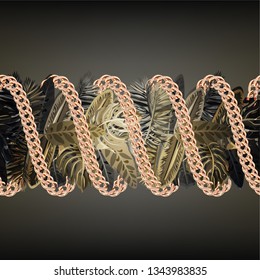 Seamless pattern with black and gold tropical leaves and the golden chain.