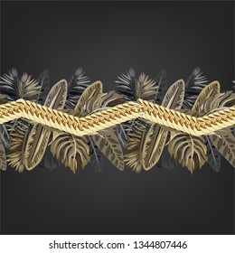 Seamless pattern with black and gold tropical leaves and the golden chain.