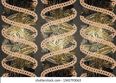 Seamless pattern with black and gold tropical leaves and the golden chain.