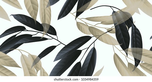Seamless pattern, black and golden long leaves on light grey background