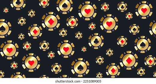 Seamless pattern of black golden poker chips. Tokens with symbols of diamonds, clubs, hearts and spades top view. Vector chips icon design for card, casino, game design, advertising, banner, web