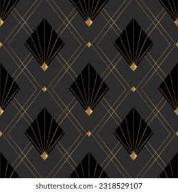 Seamless pattern with black and golden rhombus on deep grey. Luxury style. Vector print.