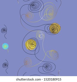 Seamless pattern of black and golden spiral doodle drawing with yelow, brown, blue elements and violet background