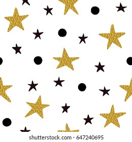 Seamless pattern with black and golden stars with black dots and isolated on a white background. It can be used for design, textile, wrapping paper