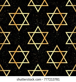 Seamless Pattern of Black and golden Stars of David on black Background