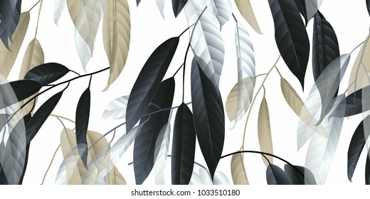 Seamless pattern, black, golden and white long leaves on light grey background