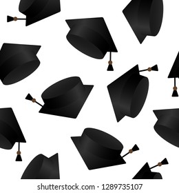 Seamless pattern of black graduation hat throw up in the sky. Vector educate cap on white background.  Monochrome university trendy ornament print.