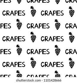 Seamless pattern with black grapes, leaves and words Grapes on the white background. Vector illustration