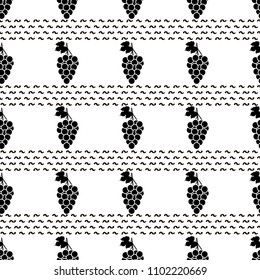 Seamless pattern with black grapes and leaves on the white background. Vector illustration