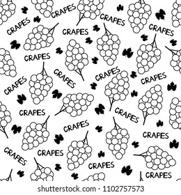 Seamless pattern with black grapes, leaves and words Grapes on the white background. Vector illustration