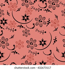 Seamless pattern with black graphic flowers and curves on a pink background. Ornamental vector illustration.