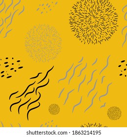 Seamless pattern from black and gray fluffy circles on a yellow background. Vector floral abstract circular pattern for prints, wrapping paper, fabrics.