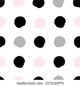Seamless pattern with black, gray and pink specks on a white background. Vector abstract background. Scandinavian style. Printing on fabric, clothing, cases, packaging, paper, wallpaper.