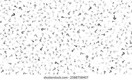 Seamless pattern of black and gray question marks on white background for mystery concept and problem solving design. Vector illustration.