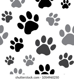 Seamless pattern with black and gray silhouette animal paw track isolated on white background. Vector illustration