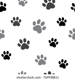 Seamless pattern with black and gray silhouette animal paw track on white background. Vector illustration