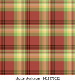 Seamless pattern in black, green and bright red colors for plaid, fabric, textile, clothes, tablecloth and other things. Vector image. 