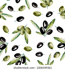 Seamless pattern with black and green olive branches on white background. Hand drawn watercolor illustration.
