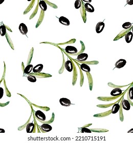 Seamless pattern with black and green olive branches on white background. Hand drawn watercolor illustration.