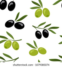 Seamless pattern with black and green olives, branch olives. Vector illustration