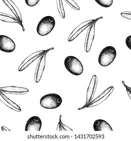 Seamless pattern of black and green olives branch isolated on white background. Design for olive oil, natural cosmetics, health care products