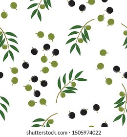 Seamless pattern with black and green olives, branches and olive leaves on a white background. Vector illustration.