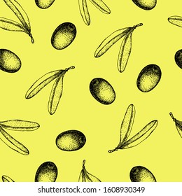 Seamless pattern of black and green olives branch isolated on yellow background. Design for olive oil, natural cosmetics, health care products, label