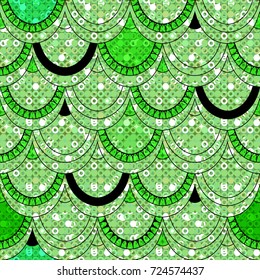 seamless pattern of black and green scales on a background of shiny sequins in green colors