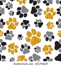 Seamless pattern with black, grey and golden dogs paw prints. Vector illustration for your graphic design.