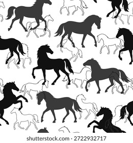 Nahtloses Muster mit schwarzen, grauen Pferd-Silhouetten auf weißem Hintergrund. Tierkreis-Endlosdruck für Pferde 2026 Jahr des Pferdes. Einfache Tiere Hintergrund, Tapete für Mond neues Jahr und Weihnachten
