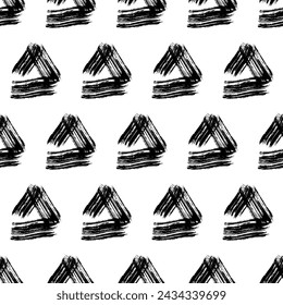 Seamless pattern with black grunge brush strokes in triangle form on white background. Vector illustration