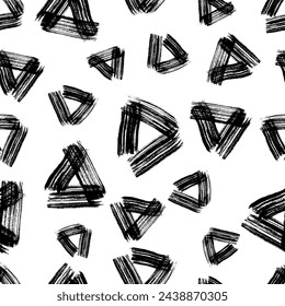 Seamless pattern with black grunge brush strokes in triangle form on white background. Vector illustration