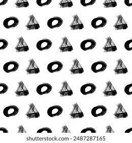 Seamless pattern with black grunge brush strokes in triangles and circles form on white background. Vector illustration
