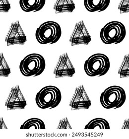Seamless pattern with black grunge brush strokes in triangles and circles form on white background. Vector illustration
