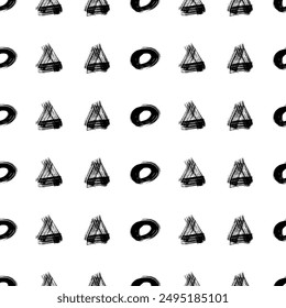 Seamless pattern with black grunge brush strokes in triangles and circles form on white background. Vector illustration