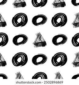 Seamless pattern with black grunge brush strokes in triangles and circles form on white background. Vector illustration