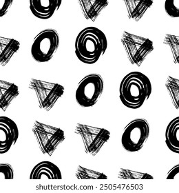 Seamless pattern with black grunge brush strokes in triangles and circles form on white background. Vector illustration