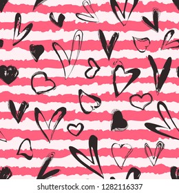 Seamless pattern of black grunge hearts on red stripes background. Valentines day card template. Vector illustration 