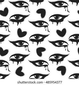 Seamless pattern with black grunge hearts and tearful eyes. Vector illustration