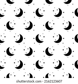 Seamless pattern with black half moon, crescents  and stars on white background. Night, sky, dream, sleep ornament. Mystic, magic, sorcery wallpaper.