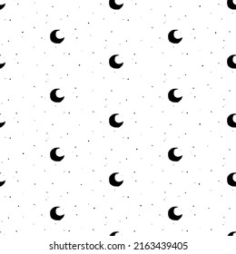 Seamless pattern with black half moon, crescents  and stars on white background. Night, sky, dream, sleep ornament. Mystic, magic, sorcery wallpaper.