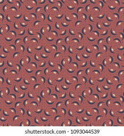 seamless pattern with black half-moon shapes and yellow and blue dots on a red background