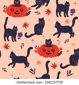 Seamless pattern with black Halloween cats. Vector graphics.