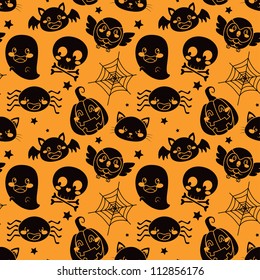 Seamless pattern of black Halloween elements on orange background