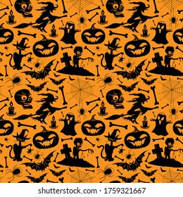 Seamless pattern with black halloween elements on an orange background.