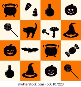 Seamless pattern with black halloween holiday related objects silhouettes on checkerboard background. Can be used for scrapbook digital paper, textile print, page fill. Vector illustration