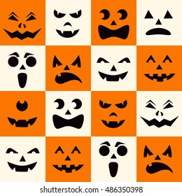 Seamless pattern with black halloween pumpkins carved faces silhouettes on checkerboard background. Can be used for scrapbook digital paper, textile print, page fill. Vector illustration