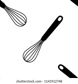 Seamless pattern with black hand drawn whisk kitchen utensil. Egg beater graphic emblem on a white background. Culinary symbol. Vector illustration