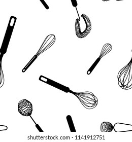 Seamless pattern with black hand drawn whisk kitchen utensil. Egg beater graphic emblem on a white background. Culinary symbol. Vector illustration